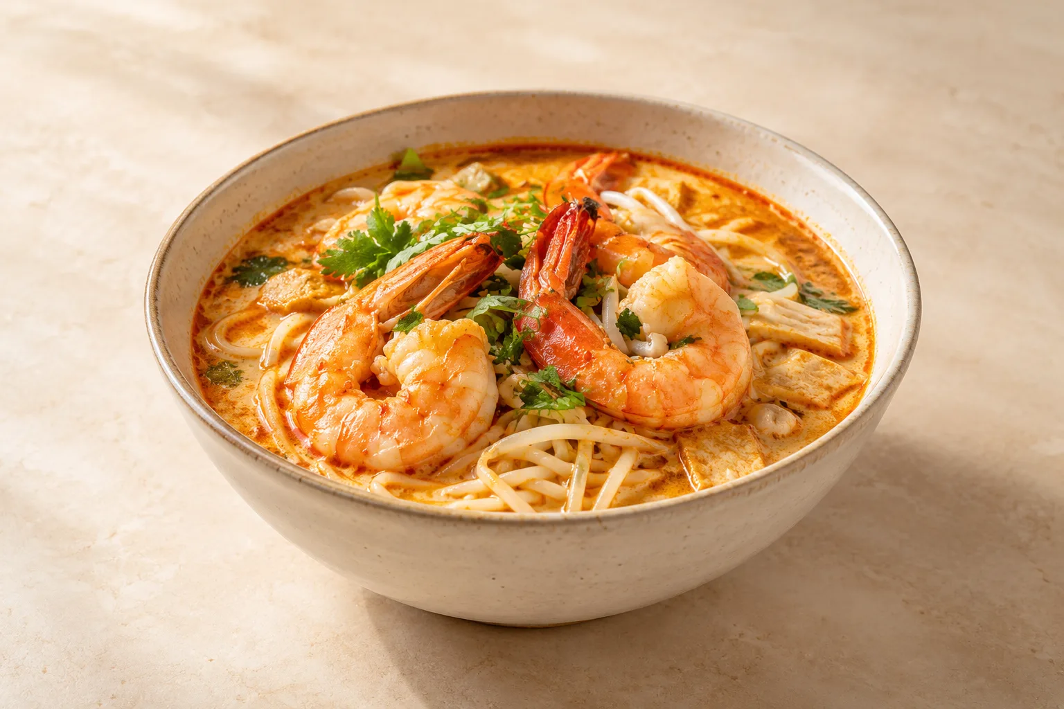 AI-generated illustration of prawn laksa in a ceramic bowl