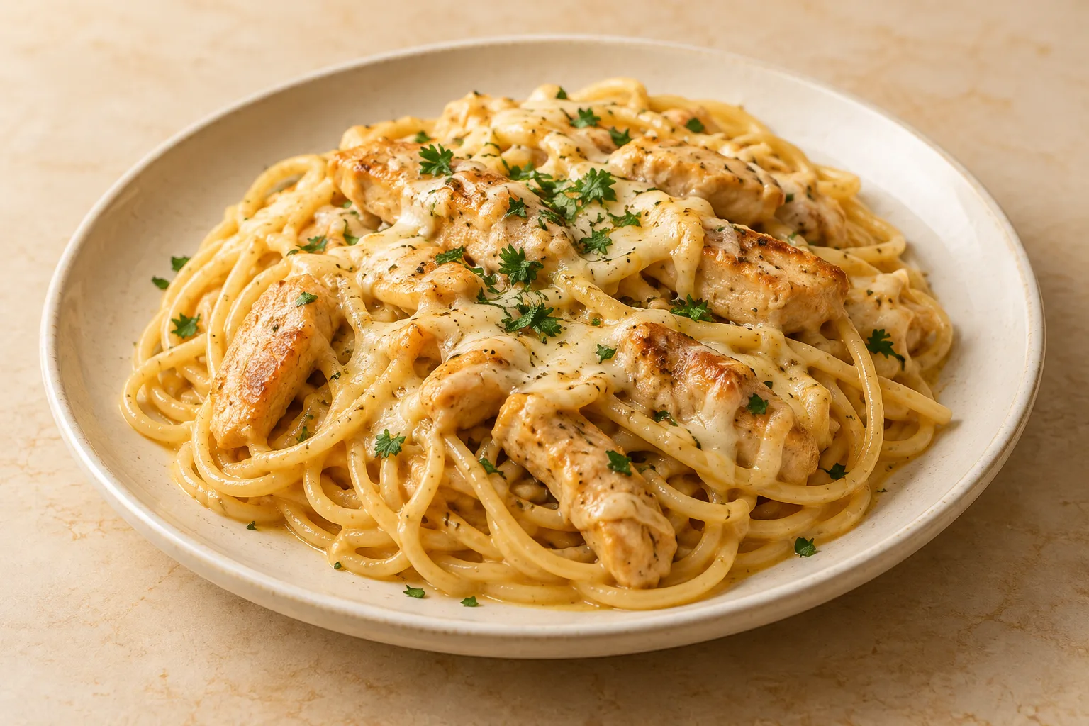 AI-generated illustration inspired by Spaghetti Chicken with Cheese
